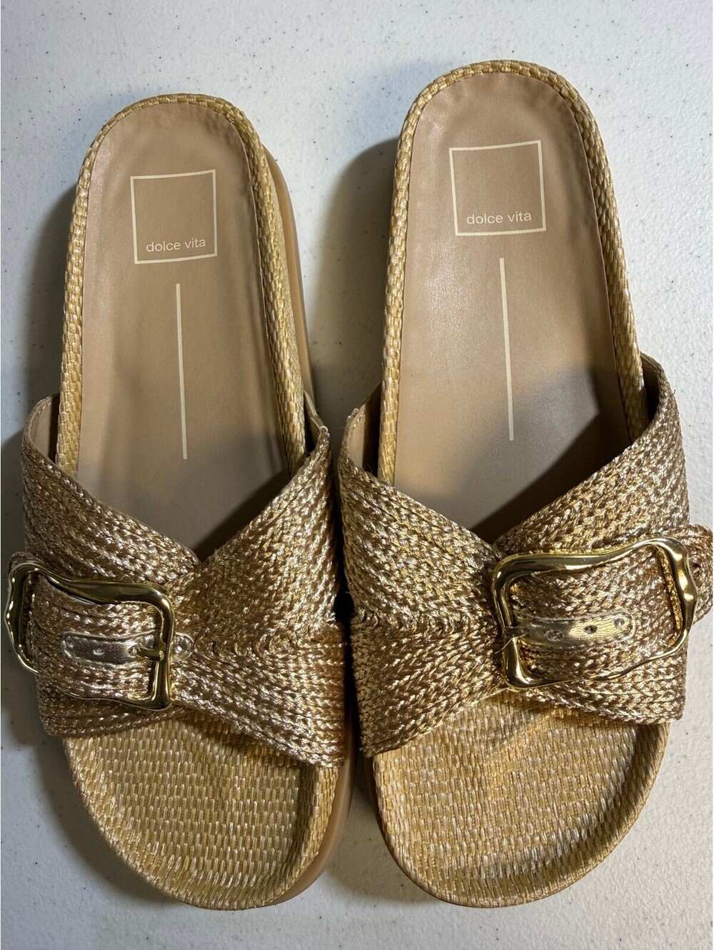 Dolce Vita Women's Tan Braided Slide Sandals with Gold Buckle Size 7.5